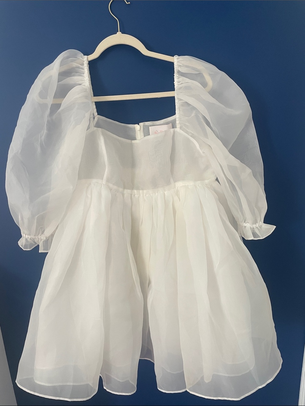 Selkie white ivory mini puff dress with blush pink logo label